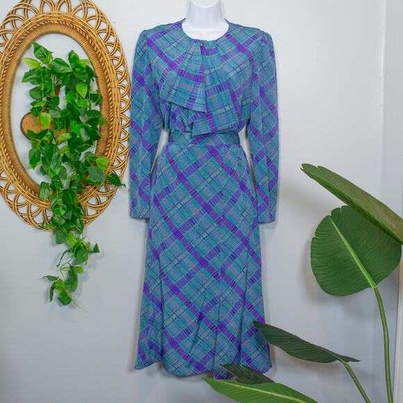 Vtg 11 Shona Dress 80s Plaid 2 Pc Set Blouse Skirt Jewel Tone | Bright Winter - Picture 2 of 16